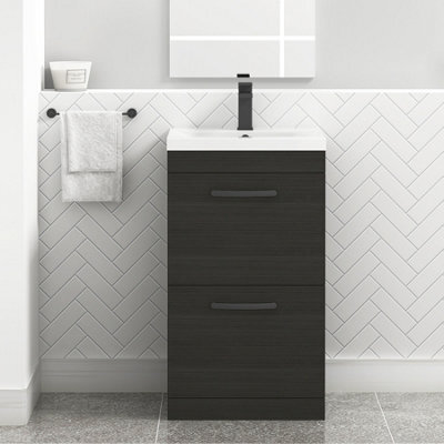 Royal Bathrooms Turin Hale Black 500mm Floor Standing Vanity Unit 2 Drawer With Mid-Edge Basin Sink & Matt Black Handles - image 1