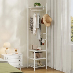 White Freestanding Hall Tree Coat Stand With Storage Shelves - thumbnail 1