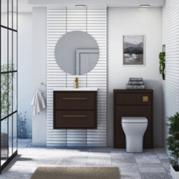 Royal Bathrooms Livora 600mm Walnut Woodgrain Wall Hung Bathroom Vanity Unit 2 Drawer With Ceramic Basin & Brushed Brass Handle - thumbnail 3