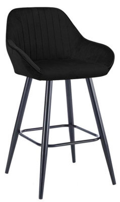 Lamboro Velluto Velvet Kitchen Bar Stool, Matt Black Fixed Height Legs With Footrest, Breakfast & Home Bar Stool - Black - image 1