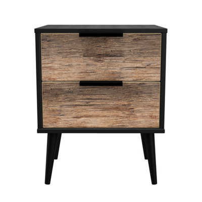 Fuji 2 Drawer Bedside Cabinet In Vintage Oak & Black (Ready Assembled)