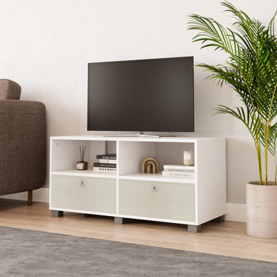 Urbn-Living Urbnliving 47Cm Height White Wooden Tv Unit Stand Media Cabinet 2 Cream Fabric Storage Drawers - image 1