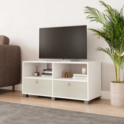 Urbn-Living Urbnliving 47Cm Height White Wooden Tv Unit Stand Media Cabinet 2 Cream Fabric Storage Drawers