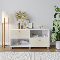 Urbn-Living Urbnliving 47Cm Height White Wooden Tv Unit Stand Media Cabinet 2 Cream Fabric Storage Drawers - thumbnail 2