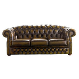 Chesterfield 3 Seater Antique Gold Leather Sofa Bespoke In Buckingham Style