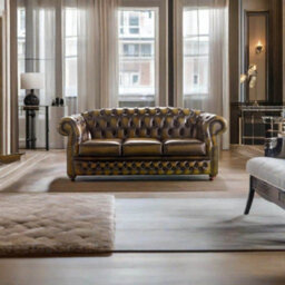 Chesterfield 3 Seater Antique Gold Leather Sofa Bespoke In Buckingham Style - thumbnail 3
