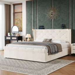 Btm 4Ft6 Double Bed With Hydraulic Storage, Diamond Headboard, Usbc Charging Station And Light, Velvet Beige - thumbnail 3