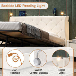 Btm 4Ft6 Double Bed With Hydraulic Storage, Diamond Headboard, Usbc Charging Station And Light, Velvet Beige - thumbnail 6