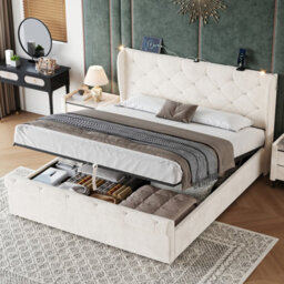 Btm 4Ft6 Double Bed With Hydraulic Storage, Diamond Headboard, Usbc Charging Station And Light, Velvet Beige - thumbnail 4