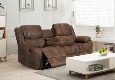 Faux Leather Suede Brown Naples 3 Seater Manual Recliner Sofa - image 1
