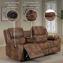 Faux Leather Suede Brown Naples 3 Seater Manual Recliner Sofa - thumbnail 4