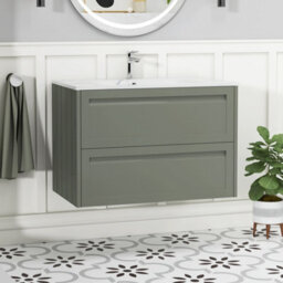 Royal Bathrooms Elmore 800mm Traditional Wall Hung 2 Drawer Bathroom Vanity Unit With Sintered Stone Basin Sink - Matt Green