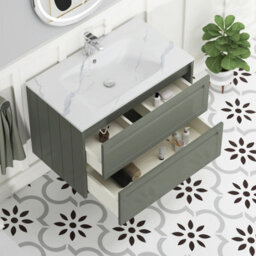 Royal Bathrooms Elmore 800mm Traditional Wall Hung 2 Drawer Bathroom Vanity Unit With Sintered Stone Basin Sink - Matt Green - thumbnail 5