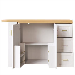 Abrihome Extendable Bar Cart With 2 Doors & 3 Drawers (135-228 X 39 X 104 Cm), Rollable, Home Bar In White, Worktop In Wood Look - thumbnail 6