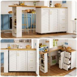Abrihome Extendable Bar Cart With 2 Doors & 3 Drawers (135-228 X 39 X 104 Cm), Rollable, Home Bar In White, Worktop In Wood Look - thumbnail 1