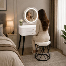 M N Furniture Ltd Luxury Dressing Table With Led Touch Mirror, 2 Drawer Vanity Table & Upholstered Stool - White (60 X 40 X 127 Cm) - thumbnail 4