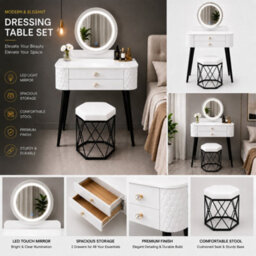 M N Furniture Ltd Luxury Dressing Table With Led Touch Mirror, 2 Drawer Vanity Table & Upholstered Stool - White (60 X 40 X 127 Cm) - thumbnail 3