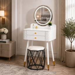 M N Furniture Ltd Luxury Dressing Table With Led Touch Mirror, 2 Drawer Vanity Table & Upholstered Stool - White (60 X 40 X 127 Cm) - thumbnail 1