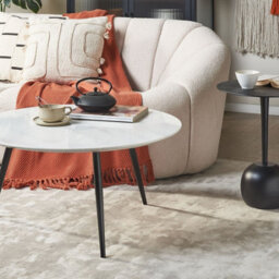Beliani 79Cm Round White Marble-Effect Coffee Table With Black Hairpin Base, Modern Gloss Finish - thumbnail 2