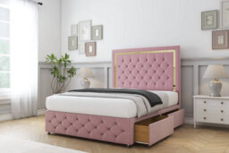 "Sloomy Sofia Gold Pink Plush Divan Bed 2 Drawers Left Side-26"" Strutted Headboard 12"" Footboard 4'6 Double" - thumbnail 4