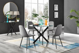 Furniturebox Novara Clear Tempered Glass 100Cm Round Dining Table With Black Starburst Legs & 4 Grey Corona Faux Leather Chairs
