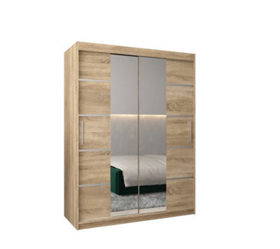 Arte Verona 04 Contemporary 2 Mirrored Sliding Door Wardrobe 5 Shelves 2 Rails Oak Sonoma Effect (H)2000mm (W)1500mm (D)620mm - image 1