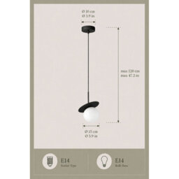 Luminosa Lighting Luminosa Aura Globe Pendant Ceiling Light Black White Glass Shade 1X E27 - thumbnail 4