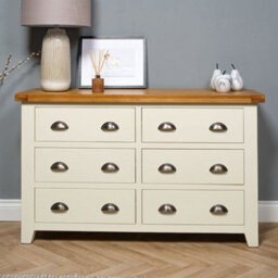 Elm Home And Garden Wide 6 Drawer Painted Cream/off White Chest Of Oak Drawers 78Cm High X 128Cm Wide X 40Cm Deep