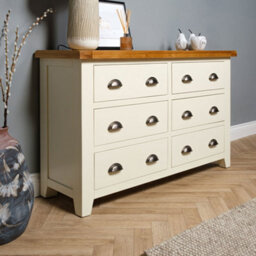 Elm Home And Garden Wide 6 Drawer Painted Cream/off White Chest Of Oak Drawers 78Cm High X 128Cm Wide X 40Cm Deep - thumbnail 2