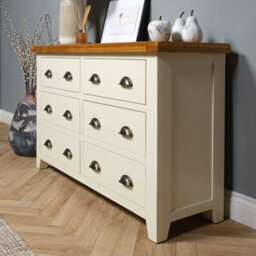 Elm Home And Garden Wide 6 Drawer Painted Cream/off White Chest Of Oak Drawers 78Cm High X 128Cm Wide X 40Cm Deep - thumbnail 3