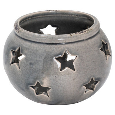 Wyld Haus Grey Ceramic Star Candle Holder Lantern With Crackle Glaze 140 X 100 mm