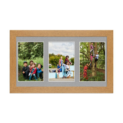 AK Frames 40X20Cm Oak Modern Multi Photo Frame With Silver Mount - Holds 3 Apertures (3X) 6X4 Photos - image 1