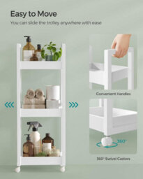 Songmics Small Shelf Storage Unit On Wheels, Bathroom Trolley, Slim Kitchen Shelf, 3-Tier Storage Caddy, Space-Saving, White - thumbnail 5