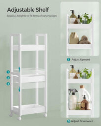 Songmics Small Shelf Storage Unit On Wheels, Bathroom Trolley, Slim Kitchen Shelf, 3-Tier Storage Caddy, Space-Saving, White - thumbnail 4