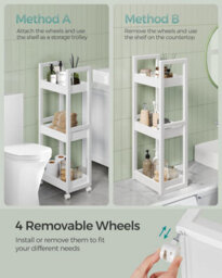 Songmics Small Shelf Storage Unit On Wheels, Bathroom Trolley, Slim Kitchen Shelf, 3-Tier Storage Caddy, Space-Saving, White - thumbnail 3