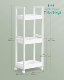 Songmics Small Shelf Storage Unit On Wheels, Bathroom Trolley, Slim Kitchen Shelf, 3-Tier Storage Caddy, Space-Saving, White - thumbnail 2