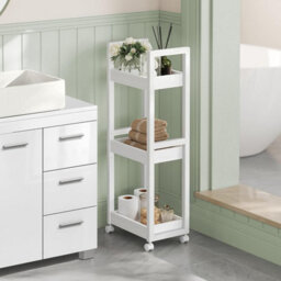 Songmics Small Shelf Storage Unit On Wheels, Bathroom Trolley, Slim Kitchen Shelf, 3-Tier Storage Caddy, Space-Saving, White - thumbnail 1