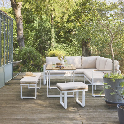Sweeek - 8-Seater Garden Lounge In Acacia Wood And Aluminium White 197X72.5X72.5 Cm - Pampas - image 1