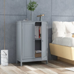Costway Bathroom Floor Cabinet Wooden Freestanding Storage Cupboard With Adjustable Shelf Grey - thumbnail 5