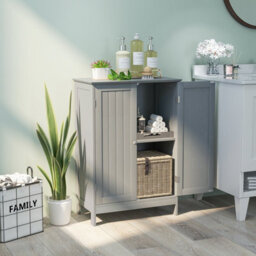 Costway Bathroom Floor Cabinet Wooden Freestanding Storage Cupboard With Adjustable Shelf Grey - thumbnail 4