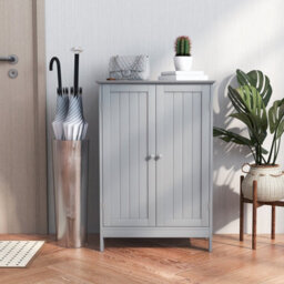 Costway Bathroom Floor Cabinet Wooden Freestanding Storage Cupboard With Adjustable Shelf Grey - thumbnail 1