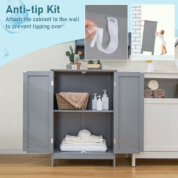 Costway Bathroom Floor Cabinet Wooden Freestanding Storage Cupboard With Adjustable Shelf Grey - thumbnail 7