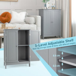 Costway Bathroom Floor Cabinet Wooden Freestanding Storage Cupboard With Adjustable Shelf Grey - thumbnail 6