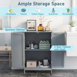 Costway Bathroom Floor Cabinet Wooden Freestanding Storage Cupboard With Adjustable Shelf Grey - thumbnail 8