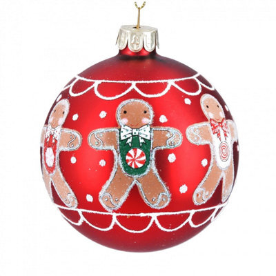 Gisela Graham Christmas Red Gingerbread Man Glass Hanging Bauble Decoration, Approx. 7Cm, Ready To Hang With Gold Twine
