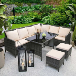 Thalia - Rattan Corner Sofa Set With Rectangular Dining Table And Footstools- 8 Seater, Grey Rattan With Waterproof Cushions
