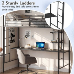 Costway Single Size Loft Bed With Desk & Shelves Metal Bed Frame With 2 Ladders-Black - thumbnail 5
