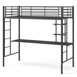 Costway Single Size Loft Bed With Desk & Shelves Metal Bed Frame With 2 Ladders-Black - thumbnail 2