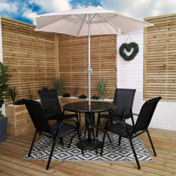 Samuel Alexander Outdoor 4 Person Round Glass Top Garden Dining Table Chairs With Beige Parasol And Base Set