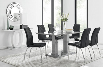 Furniturebox Imperia Grey High Gloss 6 Seater Dining Table With Structural 2 Plinth Column Legs 6 Black Stitched Faux Leather Isco Chairs - image 1